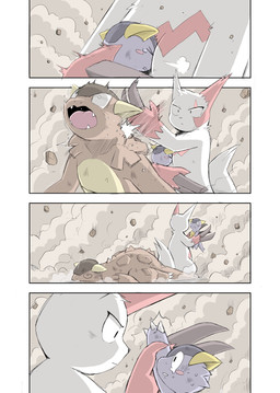 ambiguous_gender anthro arm_grab attack claws detailed_background dust eye_contact female fur group looking_at_another semi-anthro unconscious white_body white_fur yamatokuroko965 nintendo pokemon generation_3_pokemon generation_6_pokemon mega_evolution mega_kangaskhan pokemon_(species) zangoose 2021 comic hi_res