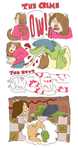ambiguous_gender anthro biped bite bite_mark blood bodily_fluids clothing duo finger_gun gesture green_body hand_gesture hat headgear headwear nightcap ow pink_clothing pink_sweater pink_topwear red_text smile speech_bubble sweater tail tail_motion tail_tuft tailwag tears text topwear tuft under_covers yelling rexalogy felid lion lizard mammal pantherine reptile scalie hi_res