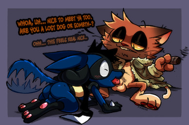 3_fingers 3_toes all_fours animal_genitalia anthro ashes balls black_body black_fur black_hair blue_body blue_fur blush bodily_fluids bottomless butt cigar clothed clothing countershade_torso countershading dialogue dipstick_tail drooling duo eyes_closed facial_hair fangs feet fellatio fingers five_o'clock_shadow fur genitals hair hoodie interspecies looking_pleasured male male/male markings mostly_nude oral pawpads penile penile_spines penis pink_penis pokephilia pubes red_nose red_penis robe robe_only saliva scarf scarf_only sex sheath sitting smoke smoking spikes spikes_(anatomy) spread_legs spreading tail tail_markings tail_motion tailwag tan_body tan_fur teeth text toes topwear tuft whiskers yellow_eyes conditional_dnp kazoko_(artist) nintendo pokemon fan_character jaques_(kazoko) canid canine canis domestic_cat domestic_dog felid feline felis generation_4_pokemon lucario mammal pokemon_(species) english_text hi_res