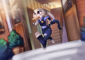 anthro apartment belt bread clothed clothing door eat_and_run eyelashes female food food_in_mouth fur grey_body grey_fur mouth_hold plant police police_uniform purple_eyes running solo stairs toast toast_in_mouth uniform princess_hinghoi disney zootopia judy_hopps lagomorph leporid mammal rabbit 2016