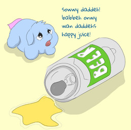 alcohol ambiguous_feral ambiguous_gender apology baby_talk beer beverage beverage_can black_eyes blue_body blue_fur dialogue feral fur monotone_body monotone_fur narrowed_eyes neonate offscreen_character open_mouth pink_tail simple_background solo tail text yellow_background young young_ambiguous young_feral carpdime fluffy_pony fluffy_pony_(species) mammal digital_media_(artwork) english_text shaded