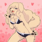 anthro black_bra black_clothing black_panties black_underwear blush bra breasts brown_body brown_fur chest_tuft clothed clothing fangs female fur hair heart_symbol kemono long_hair looking_at_viewer multicolored_clothing multicolored_underwear open_mouth panties skimpy solo tail teasing teeth tuft underwear white_bra white_clothing white_panties white_underwear wkar bird_dog canid canine canis domestic_dog golden_retriever hunting_dog mammal retriever 1:1 2010