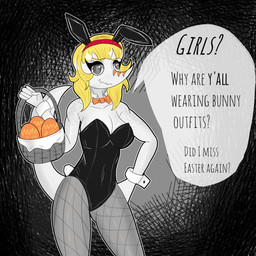 abstract_background alternate_costume annoyed anthro basket biped black_clothing black_topwear blonde_hair bow_tie breasts bunny_costume clothed clothed_anthro clothed_female clothing collar container costume cuffs_(clothing) dialogue egg fake_ears female fingers fishnet_clothing fishnet_legwear freckled_shoulders freckles front_view grey_body grey_eyes hair hand_on_hip holding_basket holding_container holding_object holidays humanoid_hands legwear long_hair looking_forward markings medium_breasts non-mammal_breasts orange_body orange_bow_tie pose solo speech_bubble striped_markings stripes tail talking_to_viewer text topwear gothgator0 cavemanon_studios easter snoot_game heather_(snoot_game) acrocanthosaurus allosauroid carcharodontosaurid dinosaur prehistoric_species reptile saurischian scalie theropod 1:1 absurd_res english_text hi_res portrait restricted_palette three-quarter_portrait