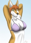 anthro black_nose bra breasts cleavage clothed clothing female fur green_eyes hair hands_behind_head orange_hair smile solo tan_body tan_fur underwear white_body white_fur cayo alice_(cayo) canid canine canis fox hybrid mammal wolf