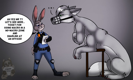 angry armor belt big_ears black_nose blue_eyes bottomwear buckteeth carrot_pen clothed clothing crossed_arms duo ellipsis eyebrows female fluffy fluffy_tail food fur furniture green_eyes grey_background grey_body grey_fur knee_pads male muzzle_(object) nude pants paper pink_nose police police_uniform shirt simple_background sitting smile speech_bubble standing table tail teeth text ticket topwear uniform wire_basket_muzzle crow1992 disney zootopia judy_hopps tyvulpine canid canid_taur canine canine_taur fox fox_taur lagomorph leporid mammal mammal_taur rabbit taur 2016 5:3 digital_media_(artwork) english_text watermark