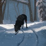 ambiguous_gender black_body black_fur black_nose brown_eyes feral fur leg_markings markings mouth_closed outside plant red_markings snow snowing socks_(marking) solo tree white_markings msdeadsoul canid canine mammal 1:1 hi_res