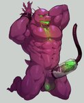 abs balls bodily_fluids claws cum erection finger_claws genital_fluids genitals green_tongue machine male milking_machine multi_eye muscular muscular_male navel purple_body solo tongue dendryte_axxon risk_of_rain acrid alien absurd_res hi_res