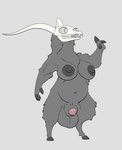 animal_genitalia anthro areola balls big_balls biped bone breasts fangs fur genitals grey_background gynomorph hooves horn huge_balls intersex nipples sheath simple_background skull skull_head solo teeth causationcorrelation bovid caprine caprine_demon demon mammal