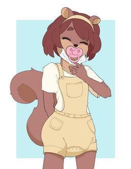 accessory ageplay anthro brown_body brown_fur brown_hair clean_diaper clothed clothing diaper diaper_under_clothing eyes_closed face_mask female fur hair hair_accessory hairband hands_behind_back infantilism object_in_mouth overalls pacifier pacifier_in_mouth reveal roleplay shortalls simple_background solo standing wearing_diaper octojo emma_(octojo) mammal rodent sciurid tree_squirrel hi_res