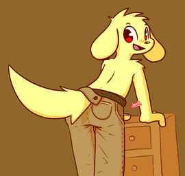 anthro asian_clothing belt big_ears blonde_hair bottomwear bulge butt butt_focus chinese_clothing clothed clothing denim denim_bottomwear denim_clothing east_asian_clothing floppy_ears folding_clothes fur hair jeans male pants pockets red_eyes simple_background smile solo tail text tight_bottomwear tight_clothing yellow_body yellow_fur conditional_dnp joxh sol_(joxh) bird_dog canid canine canis domestic_dog golden_retriever hunting_dog mammal retriever artist_name digital_media_(artwork) shaded