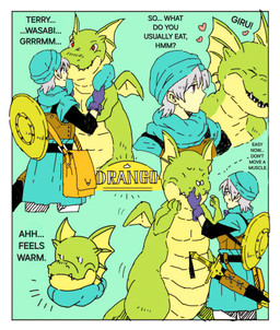 anthro armor bag blue_background blue_clothing blue_hat blue_headwear blue_scarf blue_shirt blue_topwear blue_tunic brown_armor claws clothing dialogue duo empty_eyes female green_body grey_hair hair hat head_wings headgear headwear heart_symbol hearts_around_head leather leather_armor male male/female melee_weapon membrane_(anatomy) membranous_wings pack red_eyes scabbard scared scarf sharp_teeth shield shirt simple_background sword teeth text topwear tunic unusual_wing_placement weapon white_eyes wings jasuko dragon_quest dragon_quest_vi mythology square_enix lizzie_(dragon_quest) terry_(dragon_quest) arthropod dragon fly_(animal) hacksaurus human insect mammal mythological_creature mythological_scalie scalie absurd_res english_text hi_res
