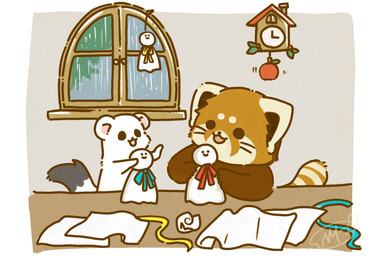 biped black_eyes black_nose chibi detailed_background dot_eyes duo feral inside raining simple_eyes shi_nominmin ailurid mammal mustelid musteline red_panda stoat true_musteline weasel 2023 hi_res