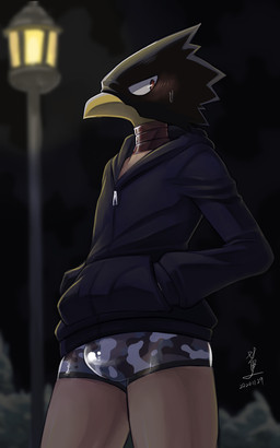 beak biped blurred_background blush blush_lines bodily_fluids bottomless bottomless_humanoid bottomless_male briefs bulge camo camo_clothing camo_print camo_underwear clothed clothed_humanoid clothed_male clothing detailed_background embarrassed for_a_head hands_in_both_pockets hoodie looking_aside male male_humanoid narrowed_eyes night outside pattern_clothing pattern_underwear plant sky solo standing street_lamp sweat sweatdrop topwear underwear bananana8729 my_hero_academia fumikage_tokoyami animal_head animal_humanoid avian avian_humanoid humanoid 2020 5:8 dated digital_media_(artwork) hi_res signature