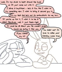 anthro black_text blush clothed clothing color_coded color_coded_speech_bubble dialogue drunk duo eyebrows eyelashes female half-closed_eyes long_ears male narrowed_eyes raised_eyebrow shirt simple_background speech_bubble substance_intoxication text topwear the_weaver disney zootopia judy_hopps lagomorph leporid mammal rabbit digital_drawing_(artwork) digital_media_(artwork) english_text