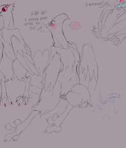 anthro aroused beak big_beak biped blush blush_lines dialogue digitigrade eyelashes featureless_chest feet female feral fluffy fluffy_chest genitals head_tuft hug huge_hips hugging_another humanoid_genitalia humanoid_vulva in_heat long_neck navel non-mammal_navel non-mammal_vulva pink_eyes slim_female small_waist smile solo talons text thick_thighs toes tuft vulva wide_hips winged_arms wings proxicute pepper_(proxicute) salt_(drawtheuniverse) avian bird corvid corvus_(genus) crow oscine passerine 2025 english_text multiple_images sketch