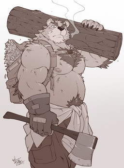 anthro arm_tuft axe backpack belly biceps big_muscles body_hair chest_hair cigarette claws clothed clothing elbow_tuft fingerless_gloves fur gloves handwear happy_trail looking_at_viewer male melee_weapon musclegut muscular muscular_anthro muscular_male pecs smoke smoking solo standing topless tuft weapon wood takemoto_arashi bear mammal 2017 hi_res monochrome