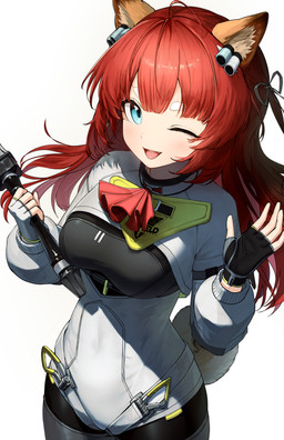 accessory animal_ears arms_bent black_bodysuit black_clothing black_skinsuit blue_eyes blush bodysuit breasts clothing fangs female female_humanoid fingerless_gloves fluffy_ears glistening glistening_hair gloves hair hair_accessory handwear jacket long_hair medium_breasts one_eye_closed open_mouth red_hair simple_background skinsuit standing tail teeth tight_clothing topwear white_background white_clothing white_jacket white_topwear radiata arknights_endfield akekuri_(arknights) animal_humanoid canid canid_humanoid canine canine_humanoid dog_humanoid humanoid mammal mammal_humanoid absurd_res hi_res
