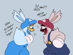 anthro arm_tuft bent_arm blonde_facial_hair blonde_mustache blue_background blue_body blue_clothing blue_eyes blue_fur blue_hat blue_headwear blue_overalls blue_tongue brown_eyebrows brown_facial_hair brown_mustache buckteeth clothed clothed_anthro clothed_male clothing confusion dialogue duo_focus eye_contact eyebrows facial_hair fur grey_body grey_fur group handwear hat headgear headwear long_ears looking_at_another machine male male_anthro mittens mustache noseless open_mouth open_smile orange_eyebrows overalls red_tongue shoulder_tuft simple_background smile tan_inner_ear teeth text thick_thighs tongue trio tuft white_clothing white_handwear white_mittens yelling critterzone13 mario_bros mario_plus_rabbids_kingdom_battle nintendo raving_rabbids rayman_(series) ubisoft beep-0 rabbid_mario rabbid_shadow_mario lagomorph mammal rabbid robot 2023 crossover digital_drawing_(artwork) digital_media_(artwork) english_description english_text flat_colors