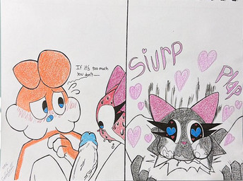 anthro blue_glans blue_heart blue_mouth blush blushing_profusely bodily_fluids dialogue erection fellatio female genitals glans heart_eyes heart_symbol male male/female oral oral_penetration penetration penile penis pink_heart saliva sex vein veiny_penis thecountgolden if_it's_too_much_you_don't_(meme) lizzie_(lewkandun) tohomari_(lewkandun) avian bird domestic_cat felid feline felis mammal owl