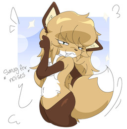 anthro brown_body chest_tuft countershade_face countershade_torso countershading dipstick_tail fangs female fluffy fluffy_chest fur gloves_(marking) green_eyes leg_markings markings narrowed_eyes side_view smile smug smug_expression smug_eyes socks_(marking) solo tail tail_markings tail_motion tailwag teeth tuft white_body white_fur yellow_body yellow_fur conditional_dnp guzzlord420 averi_(fiddleafox) canid canine fox mammal 2026 2d_animation animated digital_media_(artwork) loop