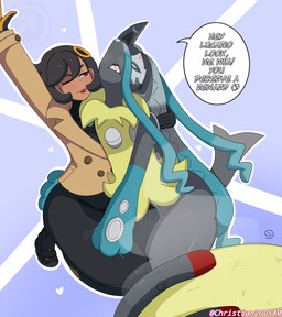 angry anthro big_butt black_body black_hair black_skin black_text_border butt clothed clothing cross-popping_vein duo female grabbing grabbing_from_behind hair heart_symbol male male/female sharp_teeth speech_bubble teeth text thick_thighs white_speech_bubble white_text christian2005am nintendo pokemon pokemon_legends_z-a emma_(pokemon) canid canine generation_9_pokemon human mammal mega_evolution mega_lucario_z pokemon_(species) 2025 absurd_res english_text hi_res