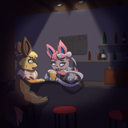 alcohol bar bartender beer beverage bottle clothed clothing clubbing container dress drugged drugs female feral menu night ribbons roofie solo substance_intoxication suit poofythedragon nintendo pokemon canid canine canis domestic_dog eevee eeveelution fox generation_1_pokemon generation_6_pokemon mammal pokemon_(species) sylveon true_fox 1:1 absurd_res hi_res