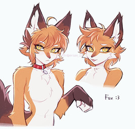 ahoge anthro bangs black_nose breasts brown_markings cheek_tuft chest_tuft collar collar_only eyebrows eyelashes facial_tuft featureless_breasts female fingers fur hair inner_ear_fluff looking_at_viewer markings navel nude orange_body orange_fur orange_hair pawpads pink_pawpads pink_tongue pupils red_collar simple_background slit_pupils small_breasts smile solo tail text tongue tongue_out tuft white_background white_body white_eyebrows white_fur white_pupils yellow_eyes 3rdperson_iz canid canine fox mammal red_fox true_fox colored digital_drawing_(artwork) digital_media_(artwork) english_text hi_res shaded