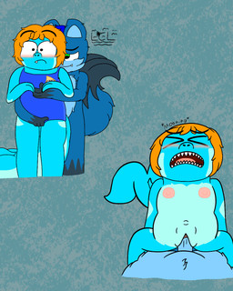 andromorph anthro blush blush_lines bodysuit clothing duo fluffy fluffy_chest fluffy_tail genitals grabbing humping intersex intersex/male male moan nipples penis pretend pretending sex shark_tail shocked skinsuit standing tail tight_clothing vulva lapiscrowlime aquatic canid canine fish fox mammal shark hi_res