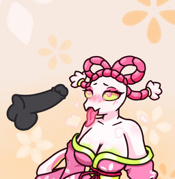 anthro asian_clothing big_breasts blush blush_lines breasts breath clothed clothing duo east_asian_clothing eyeshadow female genitals head_accessory heart_eyes heart_symbol japanese_clothing kimono long_tongue looking_at_genitalia looking_at_penis makeup male male/female non-mammal_breasts partially_clothed penis pink_clothing pink_kimono sitting tongue white_body yellow_eyes lunatic_cultist_(artist) deltarune undertale_(series) mantis_(deltarune) arthropod darkner flower_mantis insect mantis orchid_mantis
