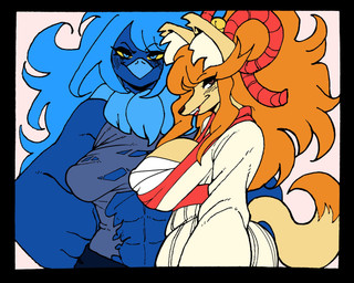 abs anthro asian_clothing beak bedroom_eyes big_breasts black_border blue_beak blue_body blue_breasts blue_eyes blue_feathers blue_fur blue_hair blush blush_lines border bottomwear breasts brown_eyes cleavage clothed clothing dipstick_tail duo east_asian_clothing feathered_wings feathers female female_anthro fluffy fluffy_tail front_view fur hair inner_ear_fluff japanese_clothing kimono long_hair looking_at_viewer markings muscular muscular_anthro muscular_female narrowed_eyes nipple_outline nipples non-mammal_breasts non-mammal_nipples orange_body orange_fur orange_hair partially_clothed seductive shirt side_view simple_background smile smiling_at_viewer snout tail tail_markings tan_body tan_breasts tan_fur topwear torn_clothing torn_shirt torn_topwear tuft white_background white_inner_ear_fluff winged_arms wings yellow_sclera rodolfator undertale undertale_(series) undertale_yellow ceroba_ketsukane martlet_(zenith_form) avian bird canid canine fox mammal monster 2026 digital_drawing_(artwork) digital_media_(artwork) hi_res spanish_description