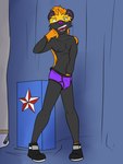 anthro black_body black_fur black_seam_briefs briefs clothed clothing colored_seam_underwear facial_markings feet footwear fur hand_in_underwear head_markings male mane markings mask_(marking) navel nipples orange_body orange_feet orange_fur orange_hands orange_mane pose purple_briefs purple_clothing purple_inner_ear purple_nose purple_underwear self_grope shoes sneer solo topless two_tone_briefs underwear underwear_only fuze fakemon felid mammal 3:4 hi_res