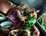 anthro breast_grab breasts caressing clothed clothing duo female fully_clothed furniture hand_on_back hand_on_breast inside kissing male male/female on_sofa sofa window coypowers canid canine felid fox lion mammal pantherine 2016