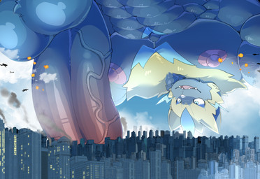 aircraft airplane all_fours balls big_penis blue_eyes city cloud destruction erection explosion fur genitals giga humanoid_genitalia humanoid_penis landscape_dwarfing laser macro male nipples penis smoke solo vehicle yellow_body yellow_fur sharkinn nintendo pokemon felid generation_7_pokemon legendary_pokemon mammal pokemon_(species) zeraora absurd_res hi_res