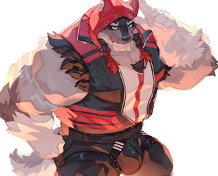 anthro arm_tuft belt belt_buckle biceps black_nose blue_eyes bottomwear braided_hair braided_pigtails buckle bulge chest_tuft clothing elbow_tuft fist fur gradient_hair grey_body grey_fur hair hoodie humanoid_hands jacket light looking_at_viewer male multicolored_clothing multicolored_hoodie multicolored_topwear muscular muscular_anthro muscular_male pants pattern_clothing pattern_hoodie pattern_topwear pointy_ears prick_ears raised_arm red_clothing red_hair red_hoodie red_topwear shirt simple_background sleeveless_clothing sleeveless_hoodie solo striped_clothing striped_hoodie striped_topwear stripes tail teeth thigh_strap tongue topwear triceps tuft white_background white_clothing white_shirt white_topwear zipper zipper_topwear yed lifewonders tokyo_afterschool_summoners red_hood_(tas) canid canine canis mammal wolf 2025 absurd_res colored digital_drawing_(artwork) digital_media_(artwork) hi_res lighting shaded