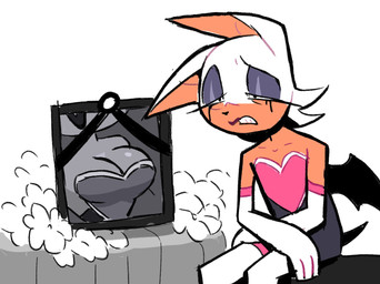 anthro big_breasts breasts female flat_chested frown makeup mascara photo running_makeup running_mascara sitting solo theunhanded sega sonic_the_hedgehog_(series) rouge_the_bat bat mammal hi_res