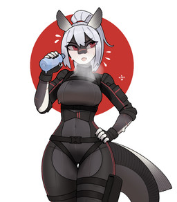 anthro athletic big_breasts black_nails bodily_fluids bodysuit bottle breasts breath clothing colored_nails container ear_fins fangs female fin hair medium_breasts nails panting ponytail red_eyes rolled_up_sleeves sharp_teeth skinsuit slit_nostrils small_waist snout solo sweat tail teeth thick_tail thigh_gap tight_clothing tongue water_bottle wet wet_clothing white_hair catlad vespyr_(catlad) aquatic barracuda fish istiophoriform