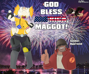 5_fingers american_flag american_flag_bikini belt_buckle bikini bottomwear buckle clothing coat female fingers flag flag_bikini flag_swimwear gloves handwear holidays knee_pads legwear male open_mouth pants swimwear text thick_thighs topwear two-piece_swimsuit united_states_of_america wide_hips myksa 4th_of_july team_fortress_2 valve democratic_bug soldier_(team_fortress_2) human hunter_(helldivers) mammal english_text hi_res