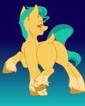 4:5 absurd_res brown_eyes brown_hooves butt chest_tuft dankpegasista digital_media_(artwork) dock_(anatomy) ear_tuft earth_pony equid equine eyebrows feral fur green_hair green_mane green_tail grin hair hasbro hi_res hitch_trailblazer_(mlp) hooves horse leg_tuft looking_at_viewer looking_back looking_back_at_viewer male mammal mane mlp_g5 my_little_pony pony raised_hoof raised_tail rear_view smile solo tail tuft underhoof yellow_body yellow_fur