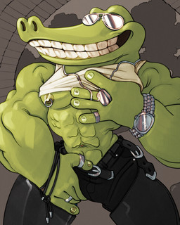 5_fingers abs anthro belt black_bottomwear black_clothing black_pants bottomwear chaps clock clothed clothing colored_nails eyewear fingernails fingers front_view green_body green_fingernails green_nails green_nipples green_scales grin holding_bulge leather leather_bottomwear leather_chaps leather_clothing male muscular muscular_anthro muscular_male nails nipple_piercing nipples pants piercing pose raised_clothing raised_shirt raised_tank_top raised_topwear ring scales shirt smile solo sunglasses tank_top topwear watch white_clothing white_shirt white_tank_top white_topwear wristwatch ravuer fire_island_games gay_monopoly ollie_gaytor alligator alligatorid crocodilian reptile scalie hi_res