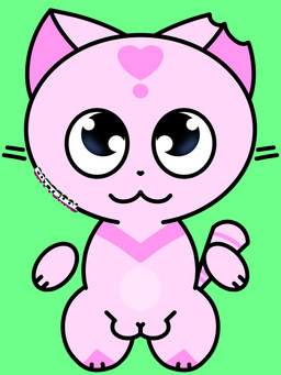 :3 big_eyes big_head blue_eyes dipstick_toes disembodied_hand female feral floating_hands front_view fur fur_markings genitals green_background heart_symbol innie_vulva markings notched_ear pink_body plump_labia shortstack simple_background simple_coloring simplistic slim solo standing striped_markings striped_tail stripes stubby_legs tail tail_markings thick_thighs vulva whiskers young catteral felid feline mammal absurd_res hi_res