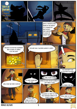 5_fingers ambiguous_gender anthro black_nose clothed clothed_anthro clothed_male clothing cutlass dialogue duo fangs fingers full_moon fur gold_(metal) gold_tooth holding_jewelry holding_necklace holding_object humanoid_hands jewelry male melee_weapon moon necklace night page_number pirate ship silhouette speech_bubble sword tan_body tan_fur teeth text treasure treasure_chest vehicle watercraft weapon kingdorkster caine_darby bird_dog canid canine canis domestic_dog golden_retriever hunting_dog mammal retriever 2026 absurd_res comic english_text hi_res