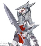 2004 anthro armor biped english_text female holding_melee_weapon holding_object holding_sword holding_weapon mammal melee_weapon open_mouth pira portrait pupils rain_silves sergal simple_background slit_pupils smile solo standing sword tail text three-quarter_portrait tongue url warrior weapon white_background