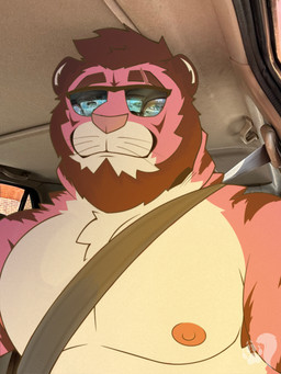 anthro barazoku beard brown_body brown_fur brown_hair car eyewear facial_hair facial_scar fur hair inside_car inside_vehicle male mane mane_hair markings nipples nude pink_body pink_fur reflection scar sitting smile solo striped_body striped_fur stripes sunglasses vehicle whiskers white_body white_fur lirok felid feline felis mammal pantherine tiger 3:4 bust_portrait digital_media_(artwork) draw_over hi_res mixed_media photo_manipulation photography_(artwork) portrait