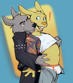 anthro belly_grab black_bottomwear black_clothing black_jacket black_nose black_pants black_topwear bottomwear breath briefs buckteeth bulge clothed clothing clothing_lift duo excited exclamation_point floral_print fur grey_body grey_bottomwear grey_clothing grey_fur grey_pants groping_from_behind jacket leather leather_clothing leather_jacket leather_topwear male male/male open_bottomwear open_clothing open_pants orange_seam_briefs pants purple_clothing purple_shirt purple_topwear shirt shirt_lift teeth topwear underwear undressing_another white_briefs white_clothing white_shirt white_topwear white_underwear yellow_body yellow_fur yellow_nose jrjresq don't_eat_the_neighbours rabbit_(don't_eat_the_neighbours) wolf_(don't_eat_the_neighbours) canid canine canis lagomorph leporid mammal rabbit wolf 2025 hi_res