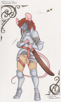 anthro armor armor_plates biped black_body black_fur bottomwear braided_hair braided_pigtails clothed clothing digitigrade feet female fingers fur greaves green_eyes hair holding_melee_weapon holding_object holding_sword holding_weapon looking_at_viewer melee_weapon pauldron pigtails plate_armor rat_tail red_hair scabbard simple_background solo standing sword tail topwear weapon onnanoko pmoss akna_(bahumot) mammal murid murine rat rodent 3:5 hi_res traditional_media_(artwork)