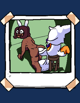 anthro balls balls_on_ground big_penis black_body black_skin blush bow_tie brown_hair dipstick_tail doggystyle duo fake_ears female from_behind_position fur furniture genitals green_background hair huge_penis markings multicolored_body multicolored_fur multicolored_tail no_pupils orange_tail orange_tail_tip penis photo purple_blush purple_bow_tie rabbit_ears saggy_balls sex simple_background size_difference stool tail tail_markings white_body white_eyes white_fur white_hair white_tail coruptsic five_nights_at_freddy's five_nights_at_freddy's_world five_nights_at_frickbear's_(series) five_nights_at_frickbear's_3 scottgames sister_location lolbit_(fnaf) lolbit_(frickbear's) vannabelle_dewlap human mammal alpha_channel low_res nonbinary_(lore)