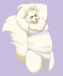 anthro balls barely_visible_balls barely_visible_genitalia belly big_belly blush bottomwear bulge clothing fur genitals loincloth looking_at_viewer male mane overweight overweight_anthro overweight_male slightly_chubby solo tail thick_tail white_body white_fur hicanyoumooforme gingitsune gintaro canid canine fox mammal 5:6 hi_res