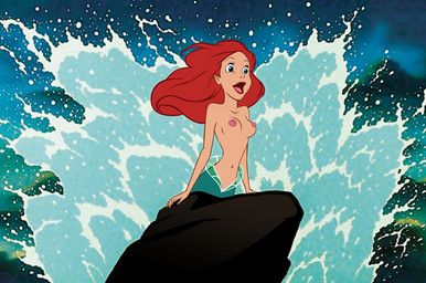 blue_eyes breasts clothed clothing erect_nipples female hair lips navel nipples open_mouth pink_nipples red_hair red_lips solo split_form topless third-party_edit unknown_artist disney disney_princess the_little_mermaid_(1989) ariel_(disney) aquatic humanoid merfolk source_request