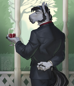 anthro biped bottomwear butt clothed clothed_anthro clothed_male clothing fingers fully_clothed fully_clothed_anthro fully_clothed_male hair male piercing rear_view solo standing tail teeth topwear 1cassius1 marcas_macmanus draft_horse equid equine horse mammal percheron 2026 digital_drawing_(artwork) digital_media_(artwork) hi_res