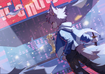 anthro black_bottomwear black_clothing black_pants blue_clothing blue_hoodie blue_topwear bottomwear city clothing expressionless grey_body hand_on_hip holding_melee_weapon holding_object holding_sword holding_weapon hoodie kemono male melee_weapon pants rear_view solo standing sword topwear weapon mooco_(artist) canid canine canis mammal wolf absurd_res hi_res